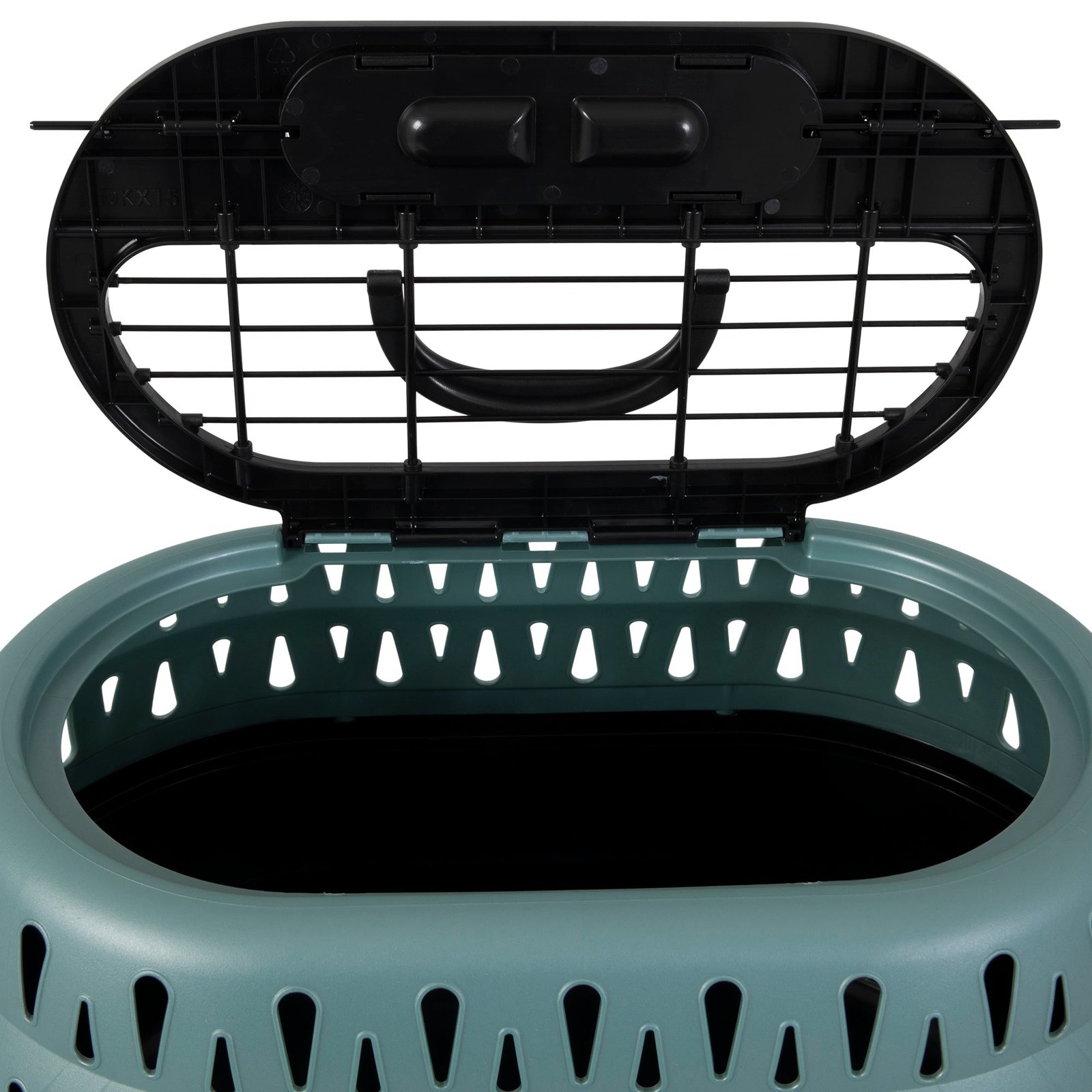41454 pm top load cat kennel 19in upto10lbs pearlgreenfrost topopen closeup.jpg